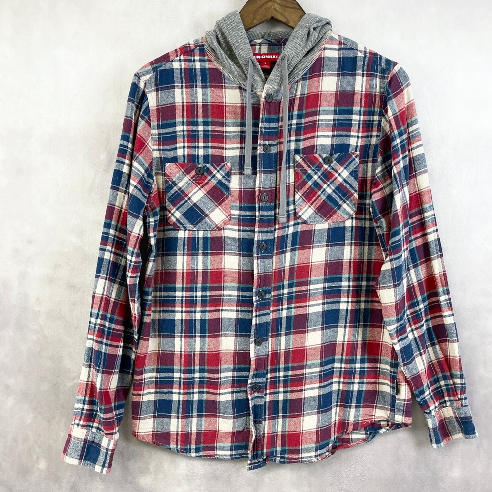 Unionbay Mens Plaid Flannel Shirt Hoodie‎ Small Skater Grunge Y2K Retro Street